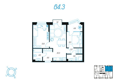 Квартира 64,3 м², 2-комнатная - изображение 1