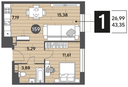 Квартира 43,4 м², 1-комнатная - изображение 1