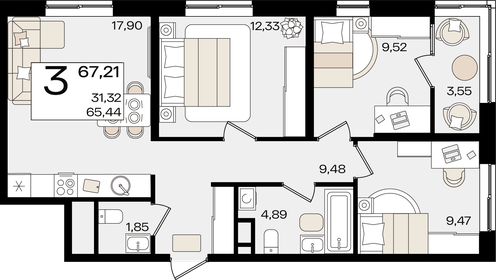 Квартира 67,2 м², 3-комнатная - изображение 1