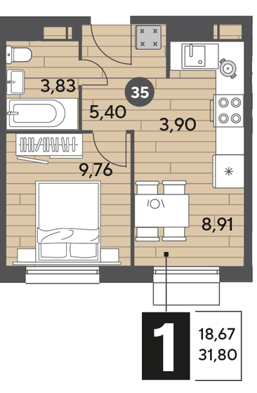 31,8 м², 1-комнатная квартира 5 005 320 ₽ - изображение 1