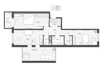 Квартира 74,5 м², 2-комнатная - изображение 1