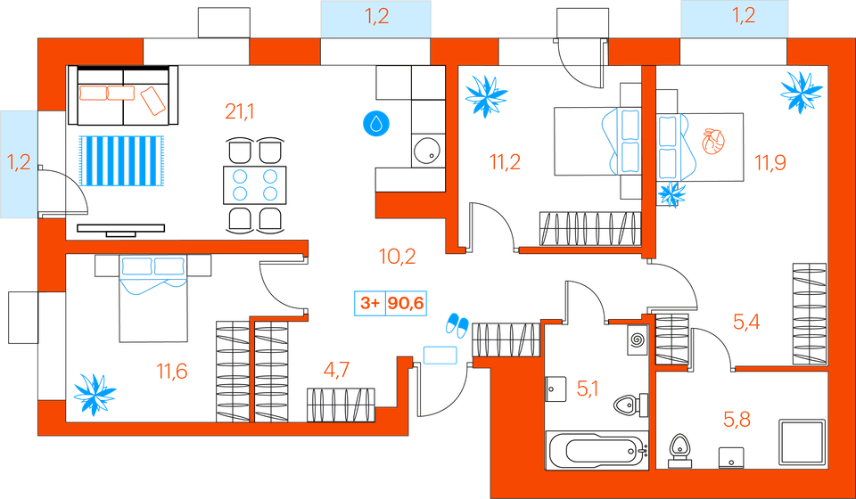 90,6 м², 3-комнатная квартира 10 240 000 ₽ - изображение 1