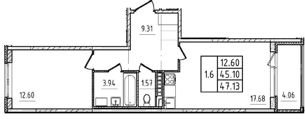 45,1 м², 1-комнатная квартира 9 200 000 ₽ - изображение 1