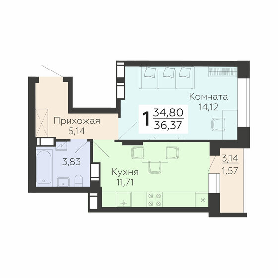 36,4 м², 1-комнатная квартира 3 564 260 ₽ - изображение 51