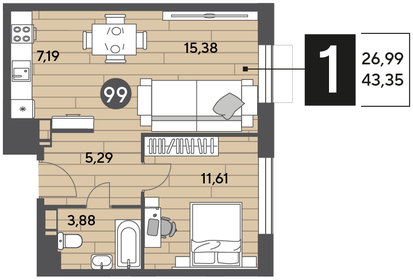 43,4 м², 1-комнатная квартира 6 055 995 ₽ - изображение 3