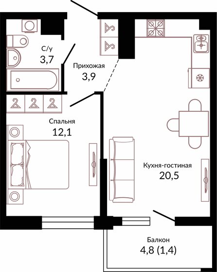 41,6 м², 1-комнатная квартира 7 367 360 ₽ - изображение 1