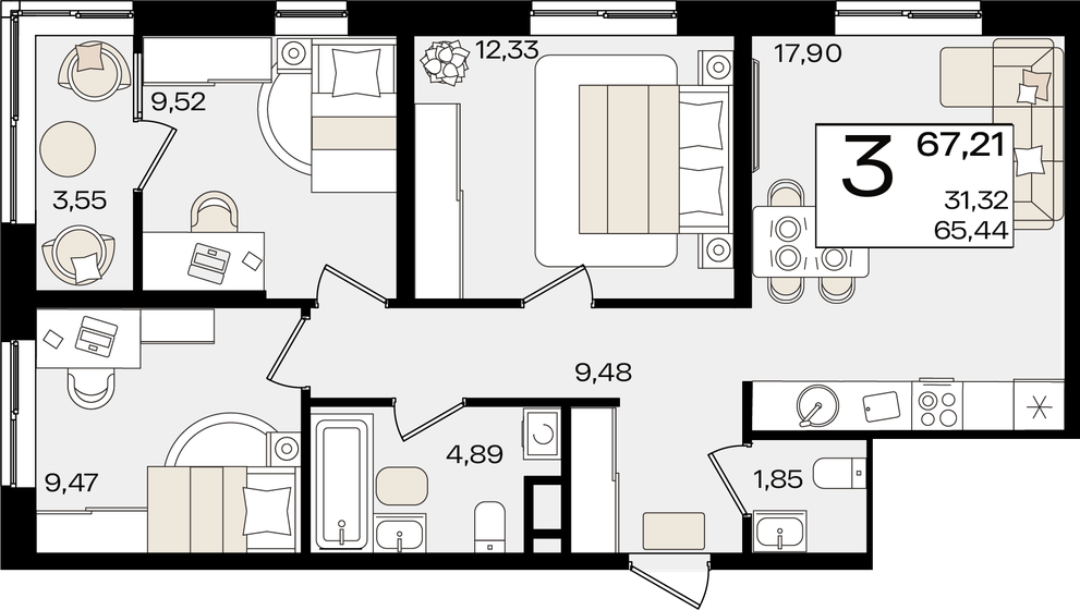 67,2 м², 3-комнатная квартира 18 959 940 ₽ - изображение 1