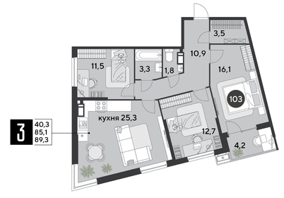 Квартира 89,3 м², 3-комнатная - изображение 2