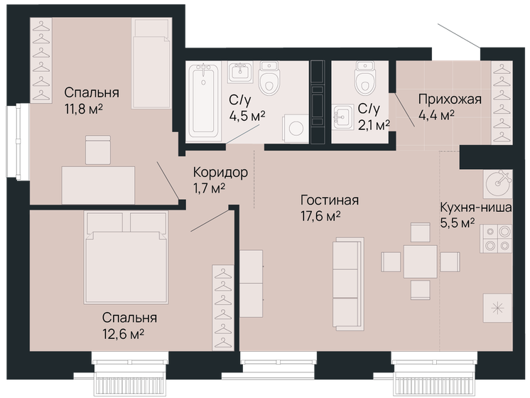 60,2 м², 2-комнатная квартира 14 261 380 ₽ - изображение 1