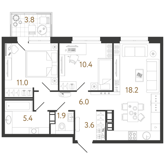 56,5 м², 2-комнатная квартира 19 496 296 ₽ - изображение 1