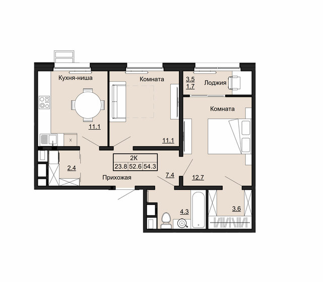 54,3 м², 2-комнатная квартира 4 669 800 ₽ - изображение 1