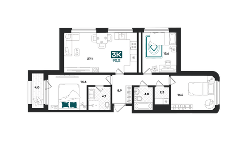 Квартира 92,2 м², 3-комнатная - изображение 1