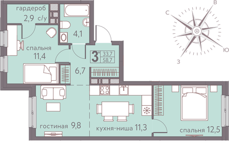 Квартира 58,7 м², 3-комнатная - изображение 1