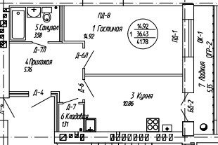 Квартира 42 м², 1-комнатная - изображение 1