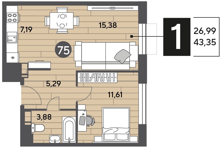 43,4 м², 1-комнатная квартира 6 055 995 ₽ - изображение 1