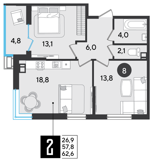 62,6 м², 2-комнатная квартира 7 950 200 ₽ - изображение 1
