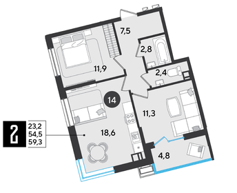 Квартира 59,3 м², 2-комнатная - изображение 1