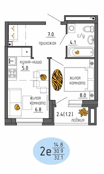 32,1 м², 2-комнатная квартира 4 083 281 ₽ - изображение 1