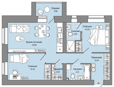 65 м², 3-комнатная квартира 7 361 080 ₽ - изображение 6