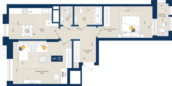 71,4 м², 2-комнатная квартира 19 280 700 ₽ - изображение 48