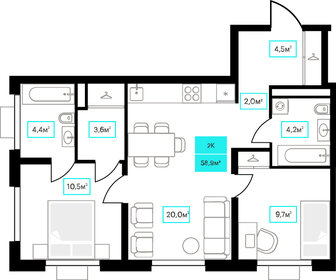 60,3 м², 2-комнатная квартира 7 770 000 ₽ - изображение 52