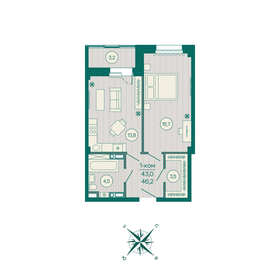Квартира 46,2 м², 1-комнатная - изображение 1