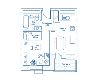 37,6 м², 1-комнатная квартира 4 492 005 ₽ - изображение 1