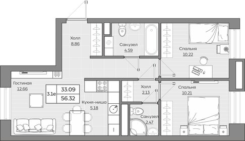 Квартира 56,3 м², 3-комнатная - изображение 1