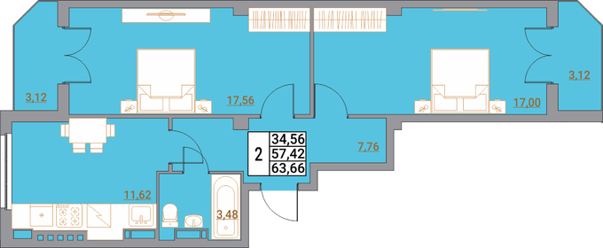 Квартира 63,7 м², 2-комнатная - изображение 1