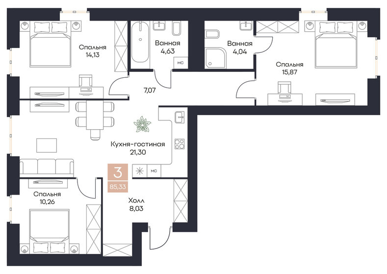 85,3 м², 3-комнатная квартира 9 812 950 ₽ - изображение 1