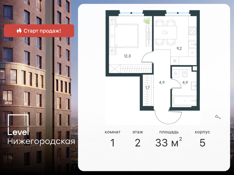 33 м², 1-комнатная квартира 15 879 880 ₽ - изображение 21