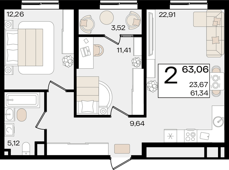 63,1 м², 2-комнатная квартира 16 799 184 ₽ - изображение 1