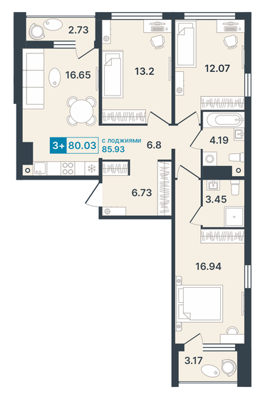 80 м², 3-комнатная квартира 13 990 000 ₽ - изображение 1