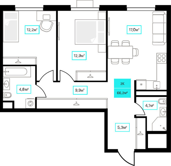 66,3 м², 2-комнатная квартира 9 625 000 ₽ - изображение 54