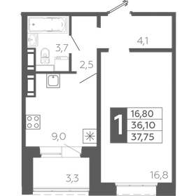 Квартира 37,8 м², 1-комнатная - изображение 1