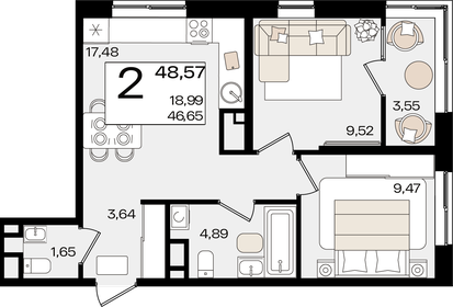 49,1 м², 2-комнатная квартира 12 908 390 ₽ - изображение 45