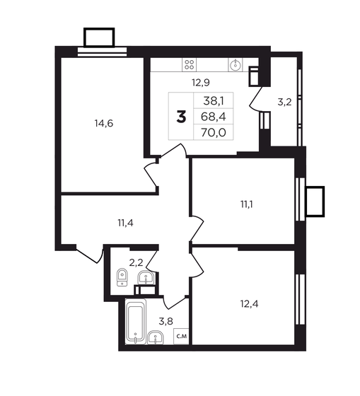 71,6 м², 3-комнатная квартира 7 700 000 ₽ - изображение 1