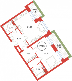 Квартира 69,1 м², 1-комнатная - изображение 1