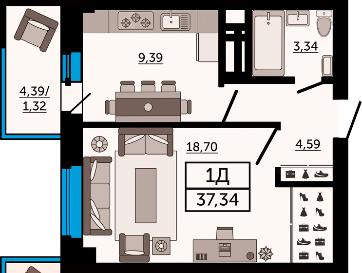 37,3 м², 1-комнатная квартира 4 966 220 ₽ - изображение 1
