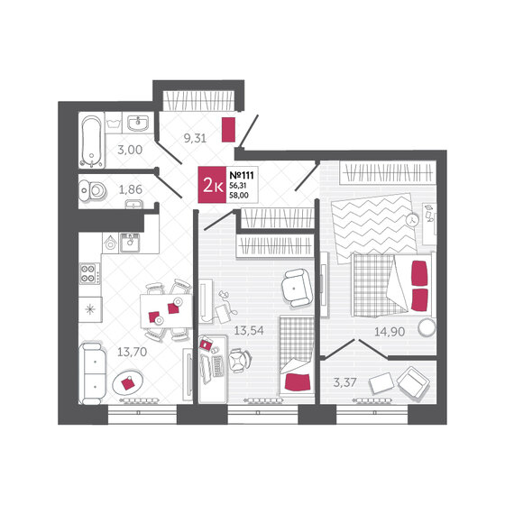 58 м², 2-комнатная квартира 7 424 000 ₽ - изображение 1