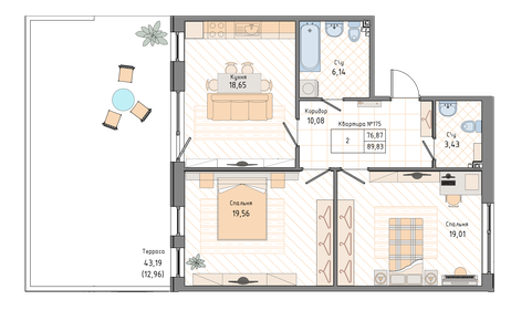 Квартира 89,8 м², 2-комнатная - изображение 1