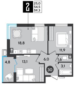 59,5 м², 2-комнатная квартира 9 430 750 ₽ - изображение 19