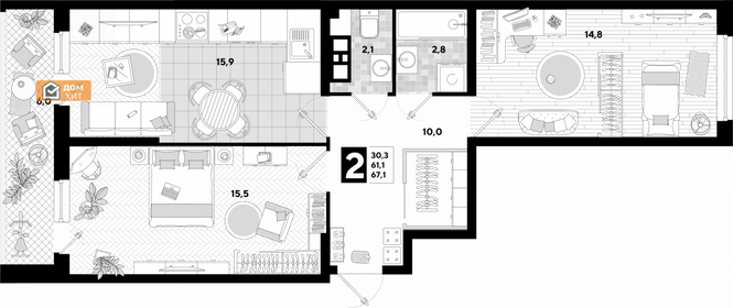 Квартира 67,1 м², 2-комнатная - изображение 4