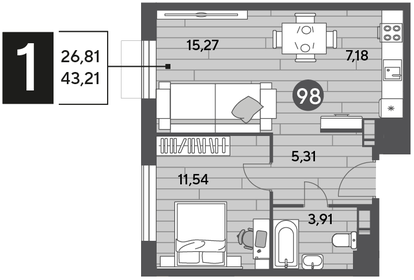 Квартира 43,2 м², 1-комнатная - изображение 1