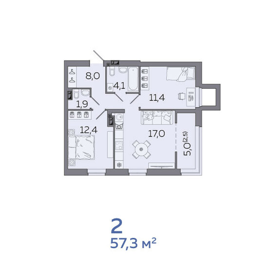 57,3 м², 2-комнатная квартира 5 795 000 ₽ - изображение 1