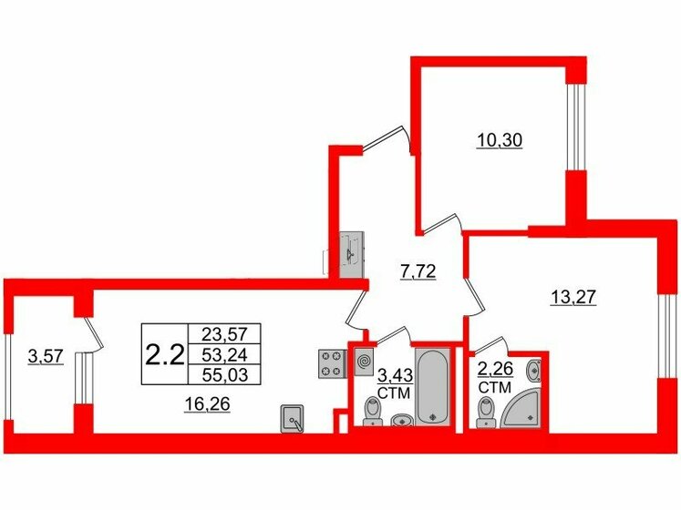 53,2 м², 2-комнатная квартира 12 000 455 ₽ - изображение 1