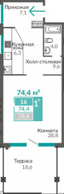 Квартира 74,4 м², 1-комнатные - изображение 1