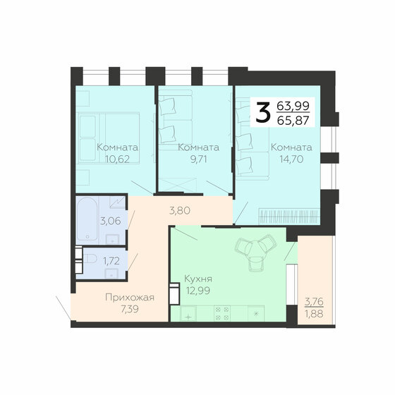 65,9 м², 3-комнатная квартира 6 323 520 ₽ - изображение 1