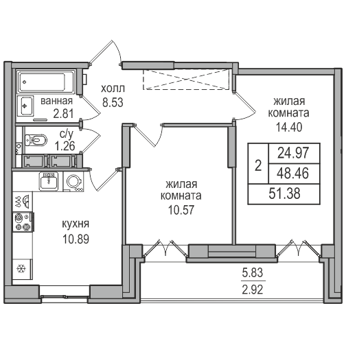 48,5 м², 2-комнатная квартира 10 394 174 ₽ - изображение 1