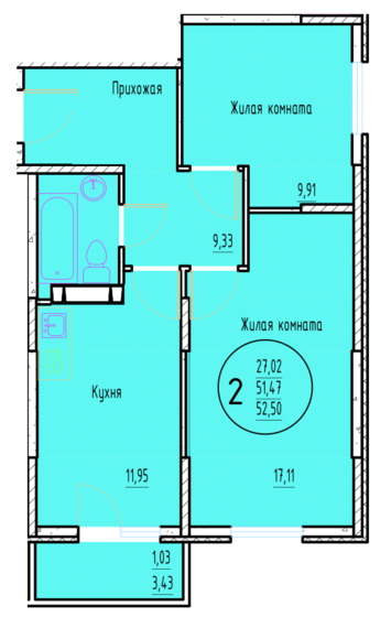 52,5 м², 2-комнатная квартира 6 150 000 ₽ - изображение 1
